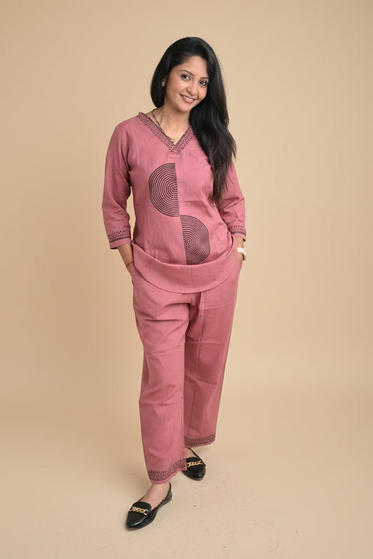 Pink cotton flax coords with block prints