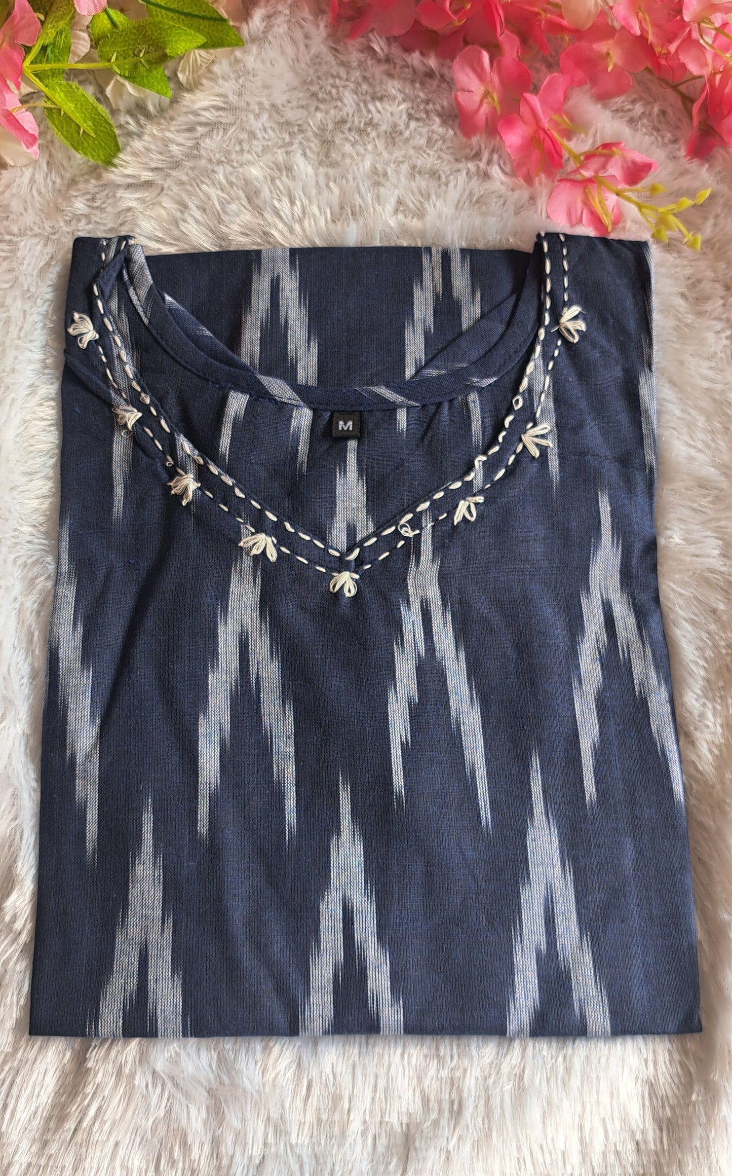 Navy blue Ikkat cotton short top with thread work on neck