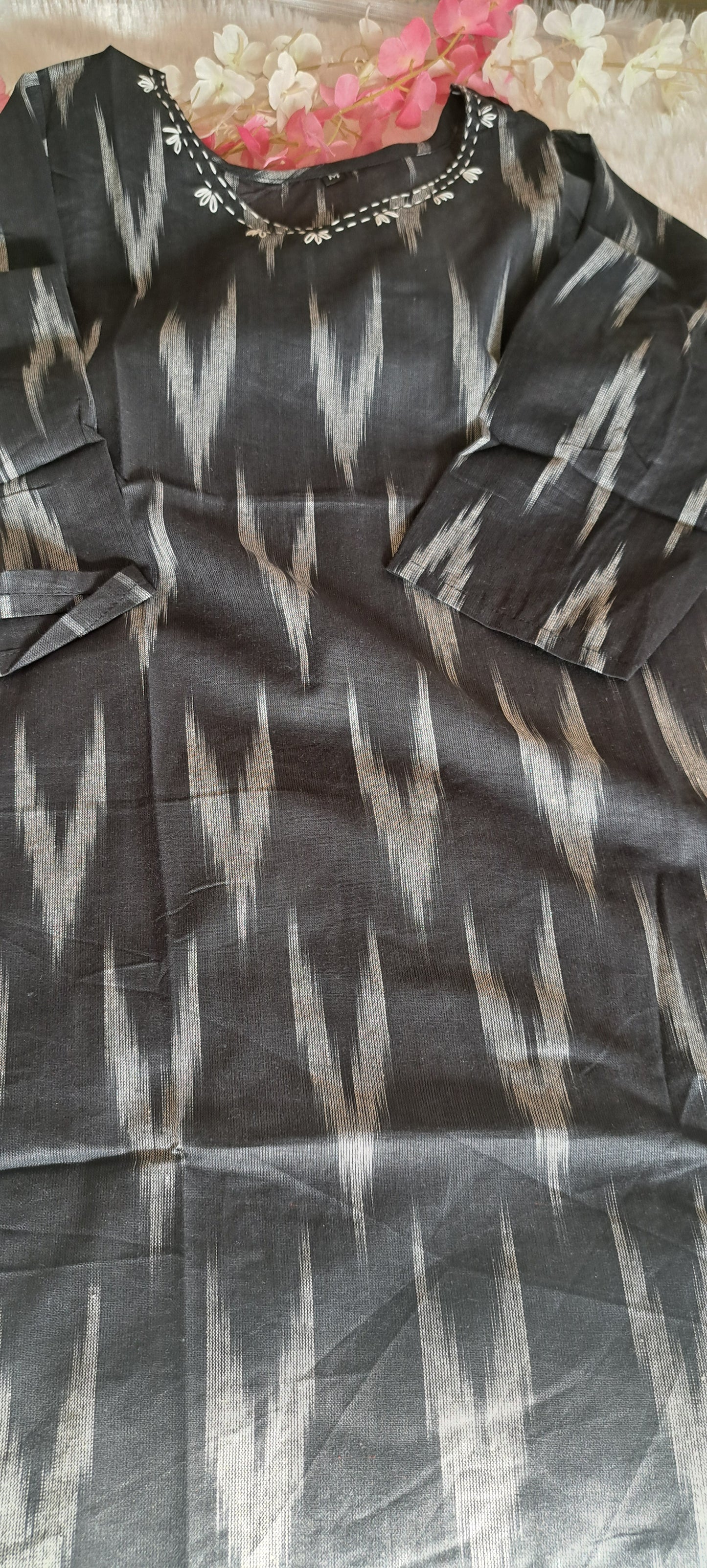 Black Ikkat cotton short top with thread work on neck