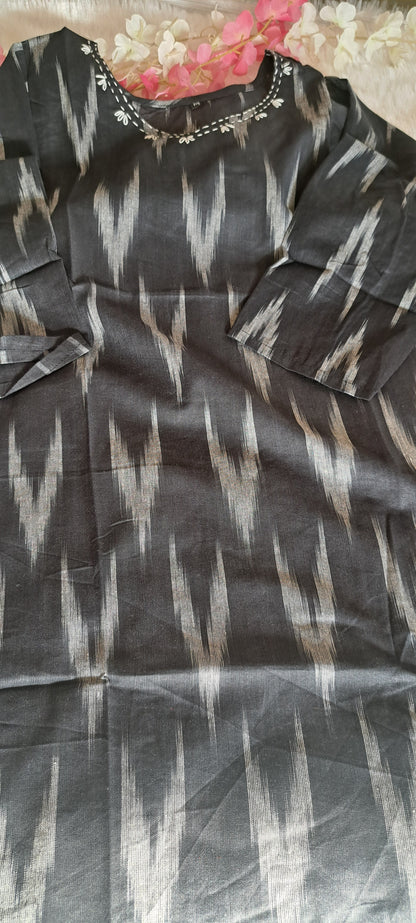 Black Ikkat cotton short top with thread work on neck