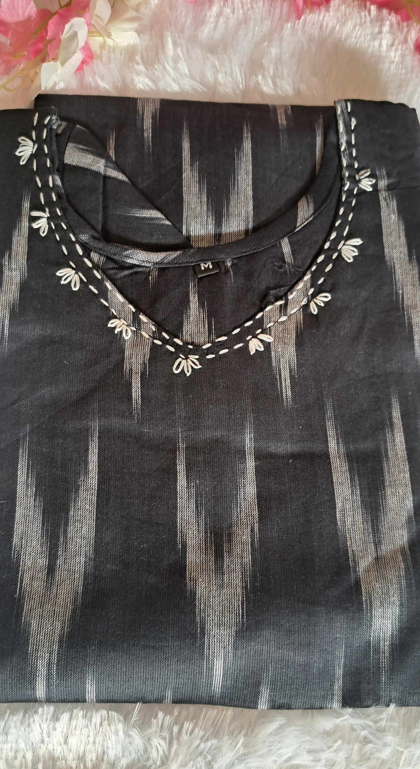 Black Ikkat cotton short top with thread work on neck