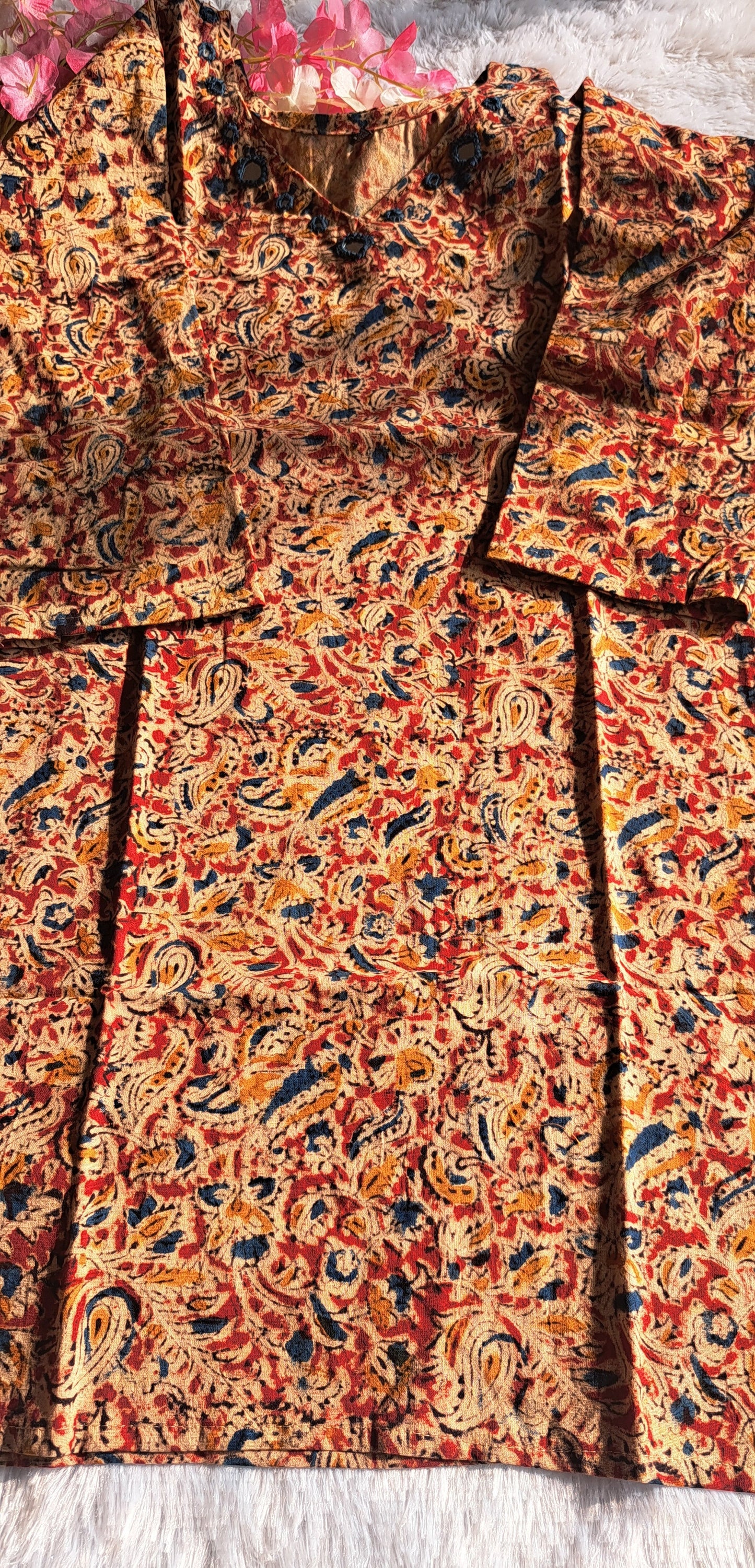 Mustered and red kalamkari cotton short top with mirror work