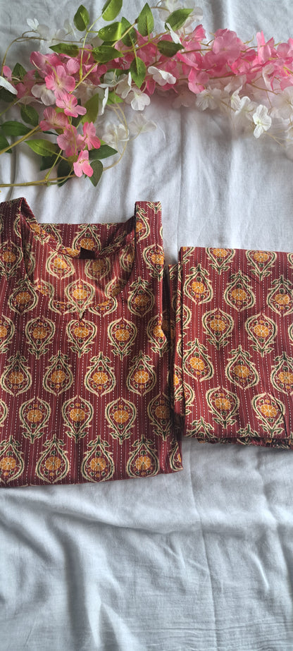 Red and mustard floral Kantha cotton coords