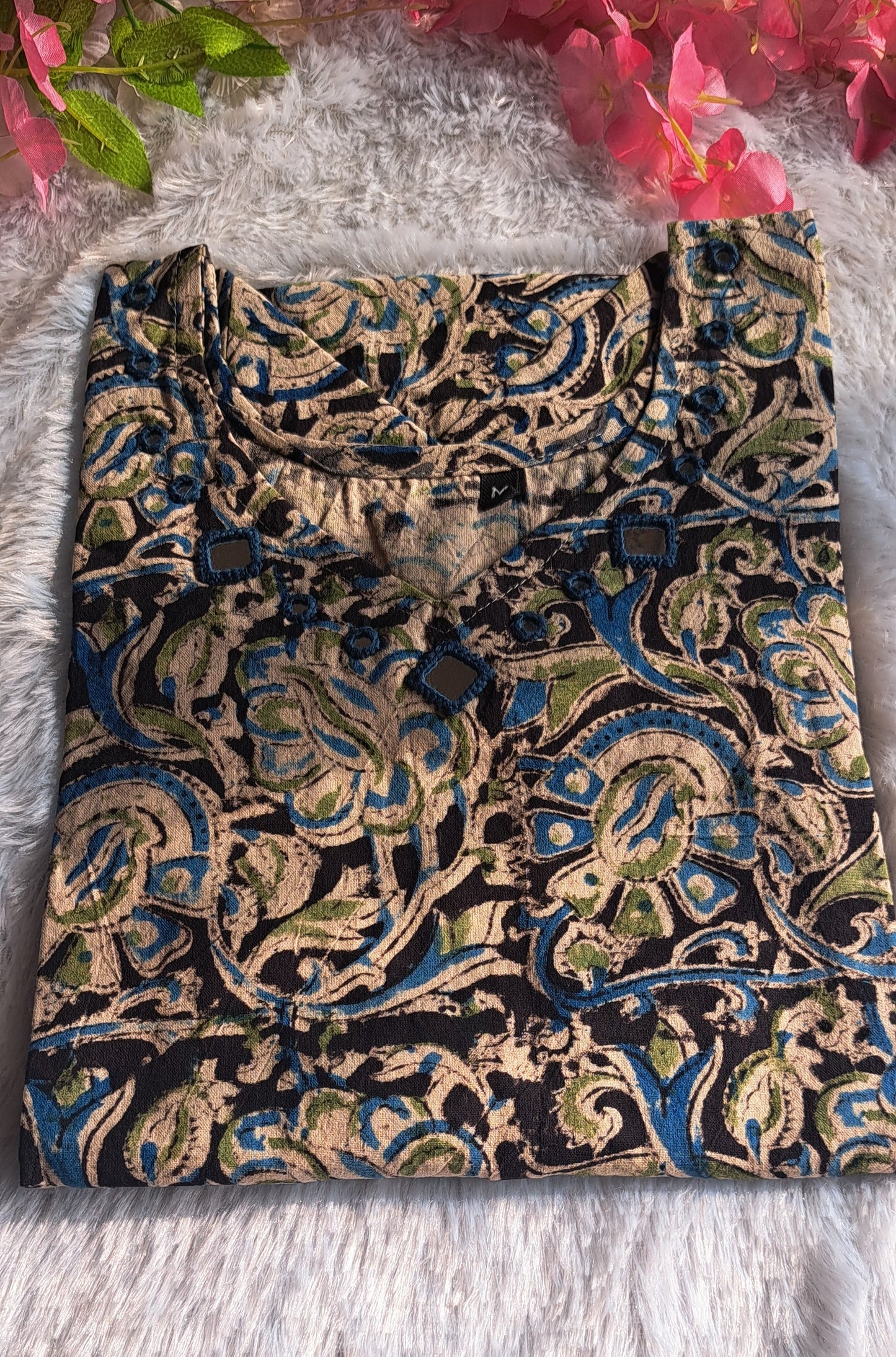 Blue  black and green kalamkari cotton short top with mirror work