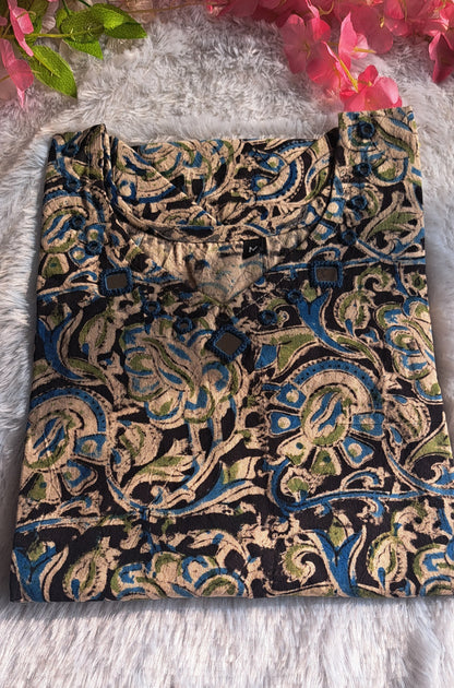Blue  black and green kalamkari cotton short top with mirror work