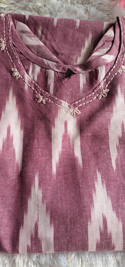 Light purple Ikkat cotton short top with thread work on neck