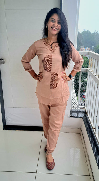 Beige cotton flax coords with block prints