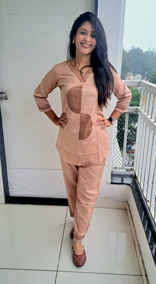 Beige cotton flax coords with block prints