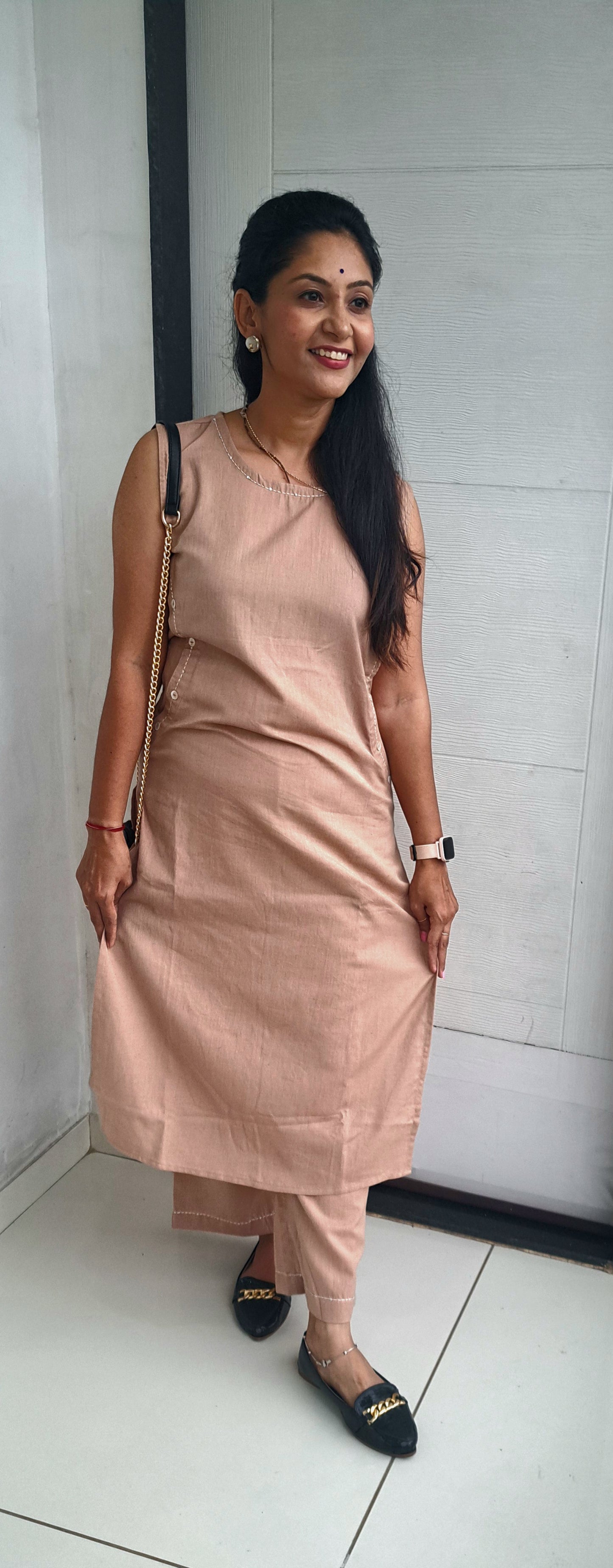Plain beige cotton flax straight cut coords
