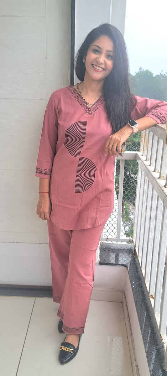 Pink cotton flax coords with block prints