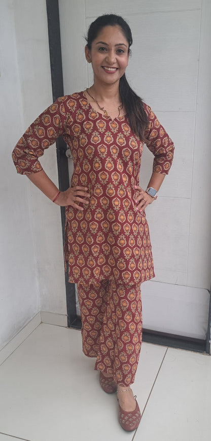 Red and mustard floral Kantha cotton coords