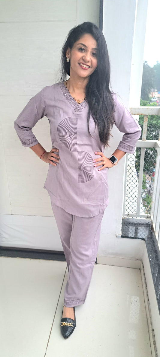 Light Purple cotton flax coords with block prints