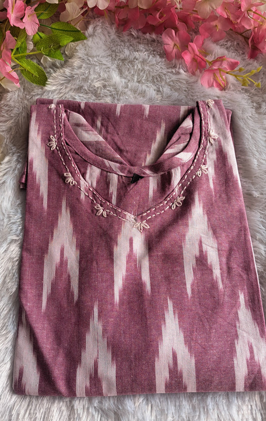Light purple Ikkat cotton short top with thread work on neck