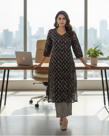 Black Floral Cotton kurta pant