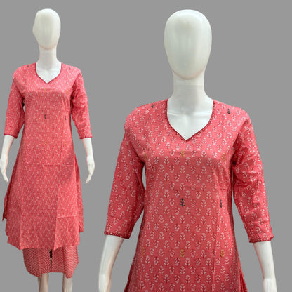 Peach Floral Cotton kurta pant