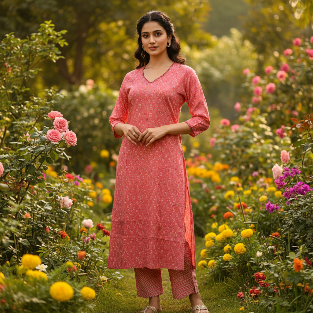 Peach Floral Cotton kurta pant