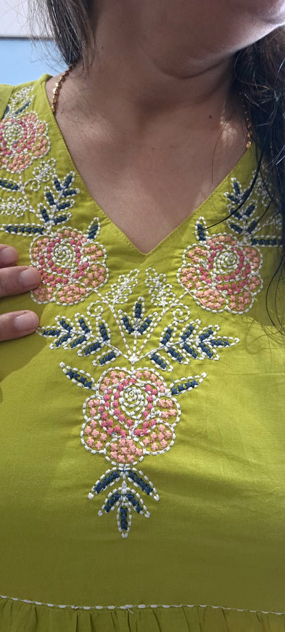 Neon green embroidered cotton suit set for woman