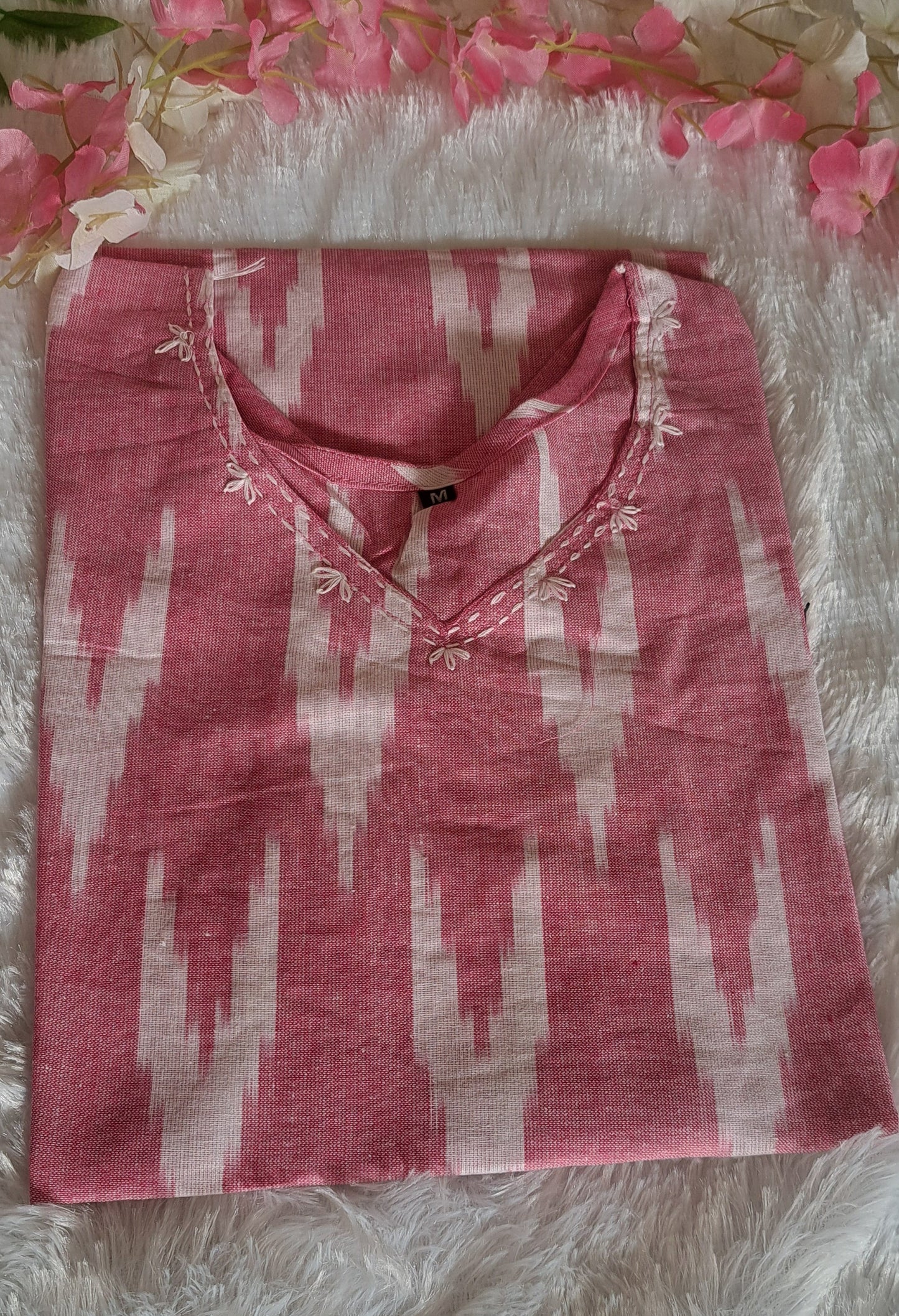 Pink Ikkat cotton short top with thread work on neck