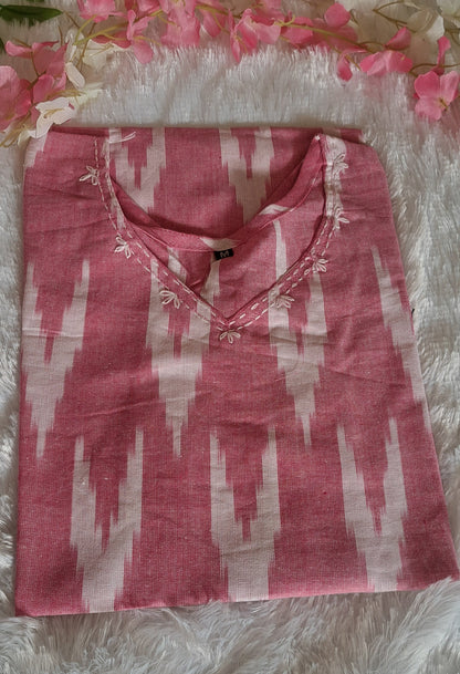 Pink Ikkat cotton short top with thread work on neck