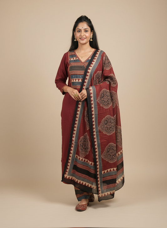 Coffee brown cotton suit set for woman