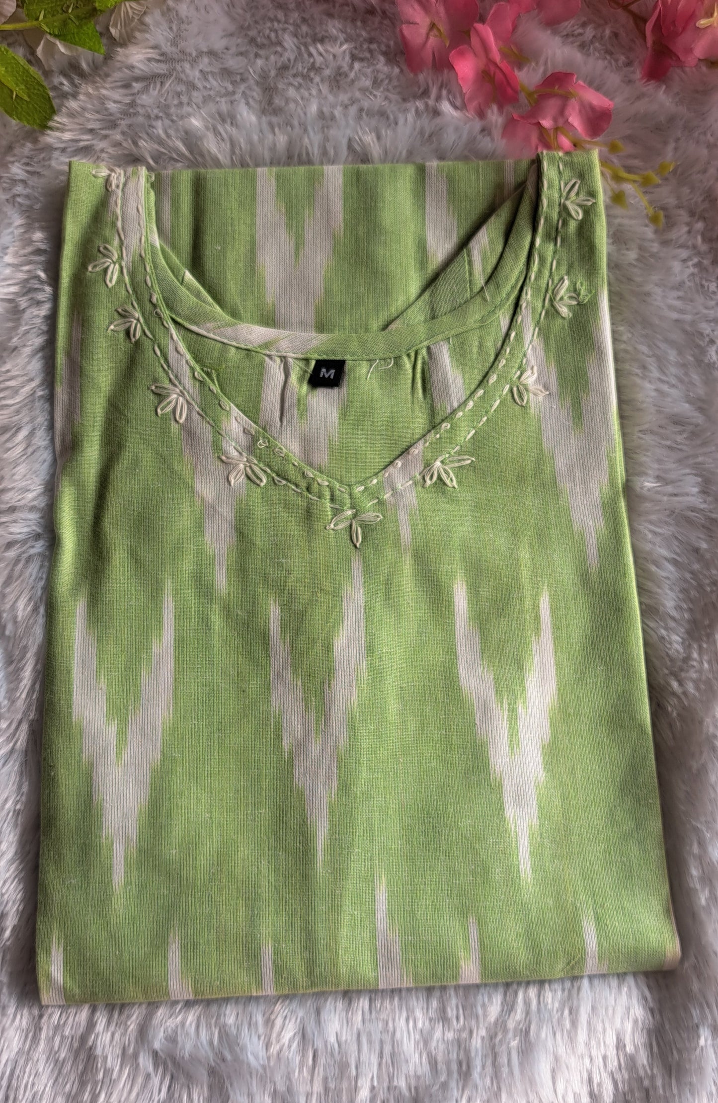 Light green Ikkat cotton short top with thread work on neck