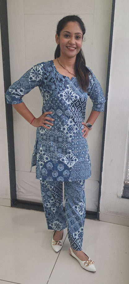 Blue and white floral Kantha cotton coords