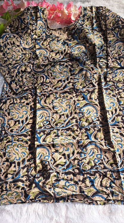 Blue  black and green kalamkari cotton short top with mirror work