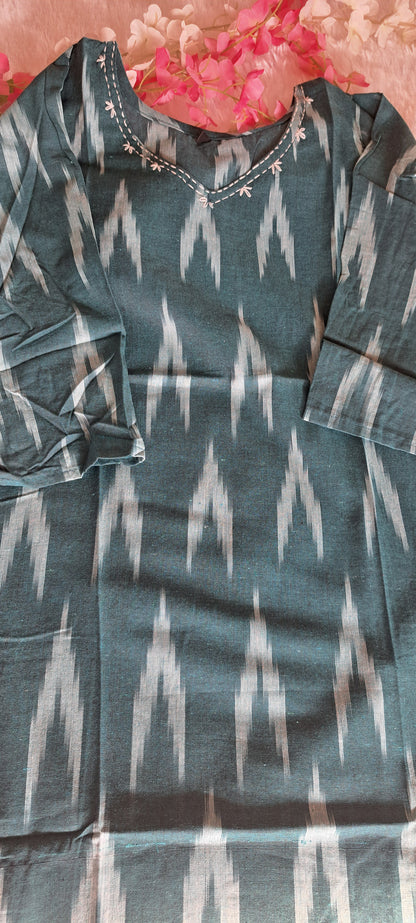 Dark Green Ikkat cotton short top with thread work on neck