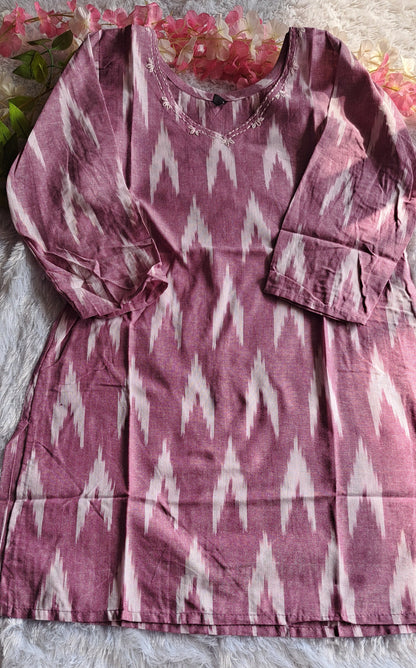 Light purple Ikkat cotton short top with thread work on neck