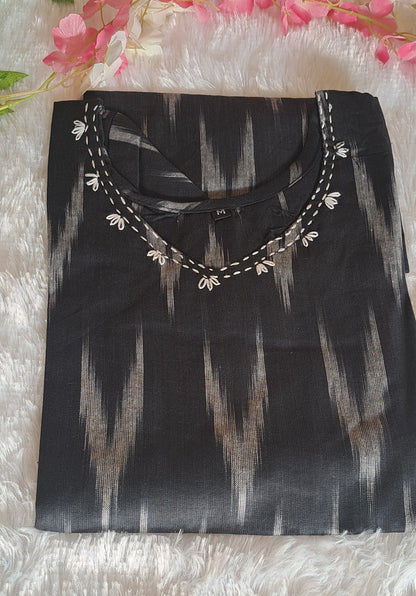 Black Ikkat cotton short top with thread work on neck