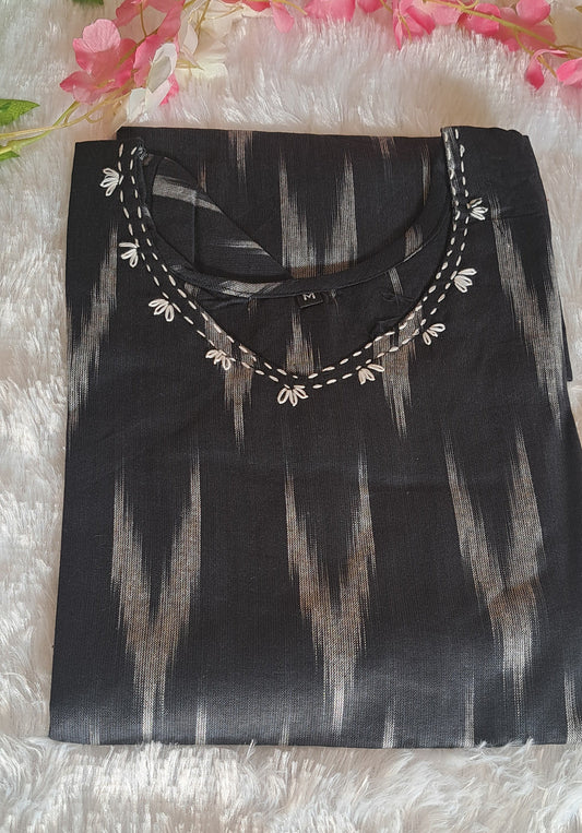 Black Ikkat cotton short top with thread work on neck