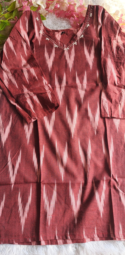 Dark red Ikkat cotton short top with thread work on neck
