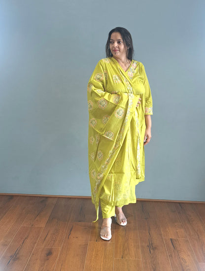 Neon green embroidered cotton suit set for woman