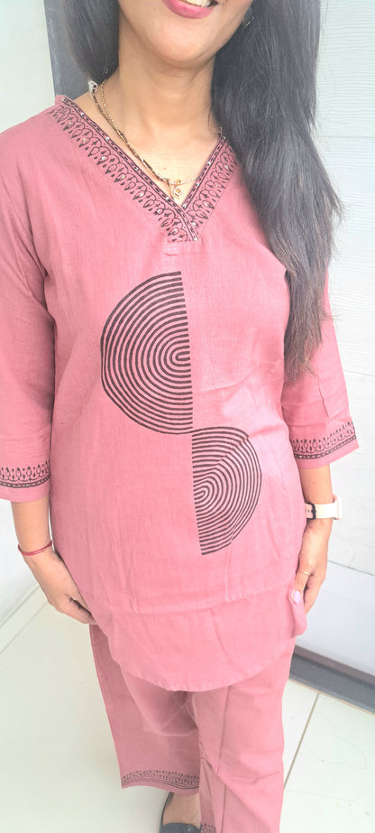 Pink cotton flax coords with block prints