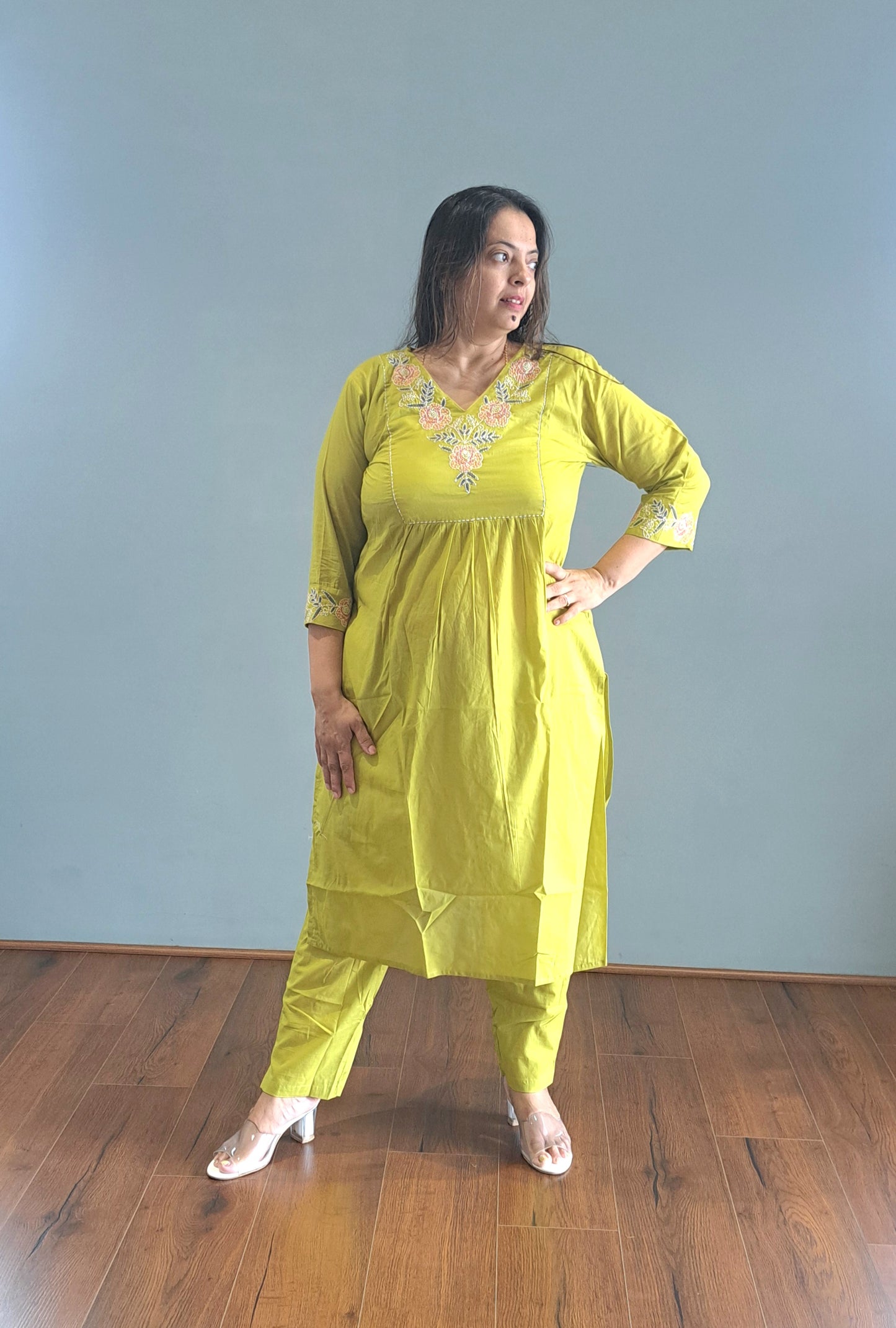 Neon green embroidered cotton suit set for woman
