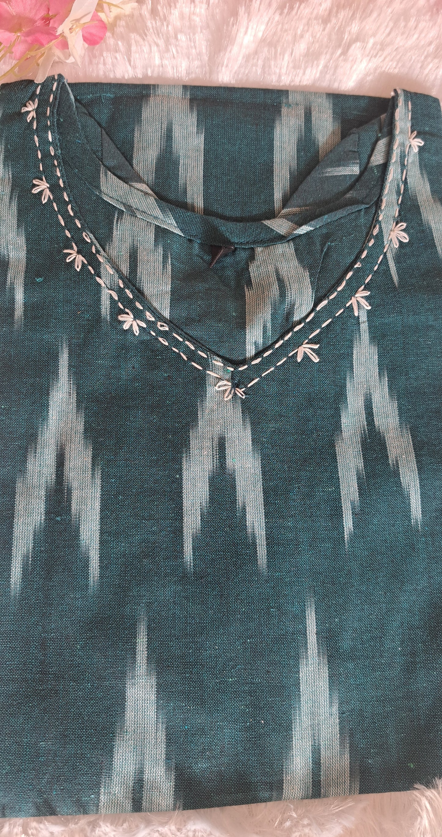 Dark Green Ikkat cotton short top with thread work on neck