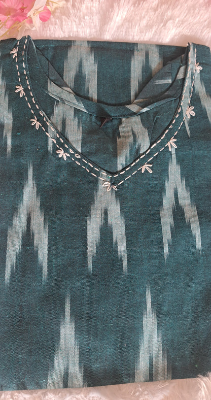 Dark Green Ikkat cotton short top with thread work on neck