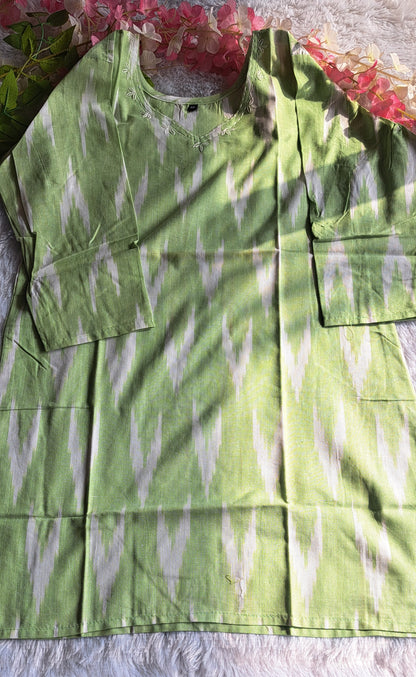 Light green Ikkat cotton short top with thread work on neck