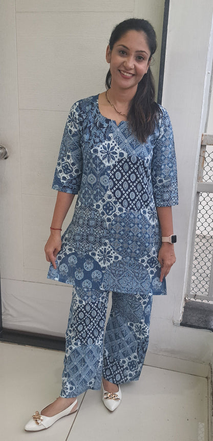 Blue and white floral Kantha cotton coords