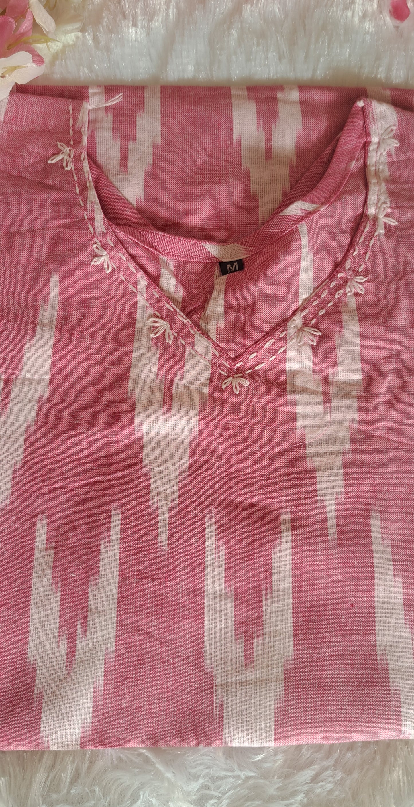 Pink Ikkat cotton short top with thread work on neck