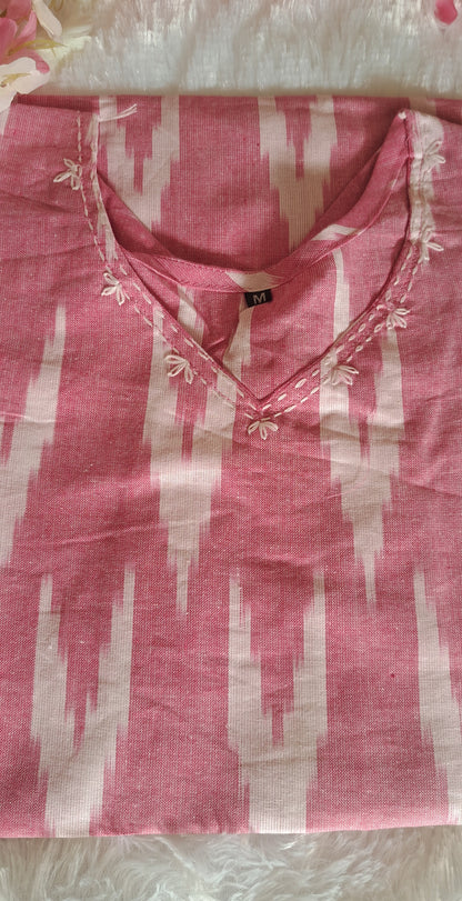 Pink Ikkat cotton short top with thread work on neck
