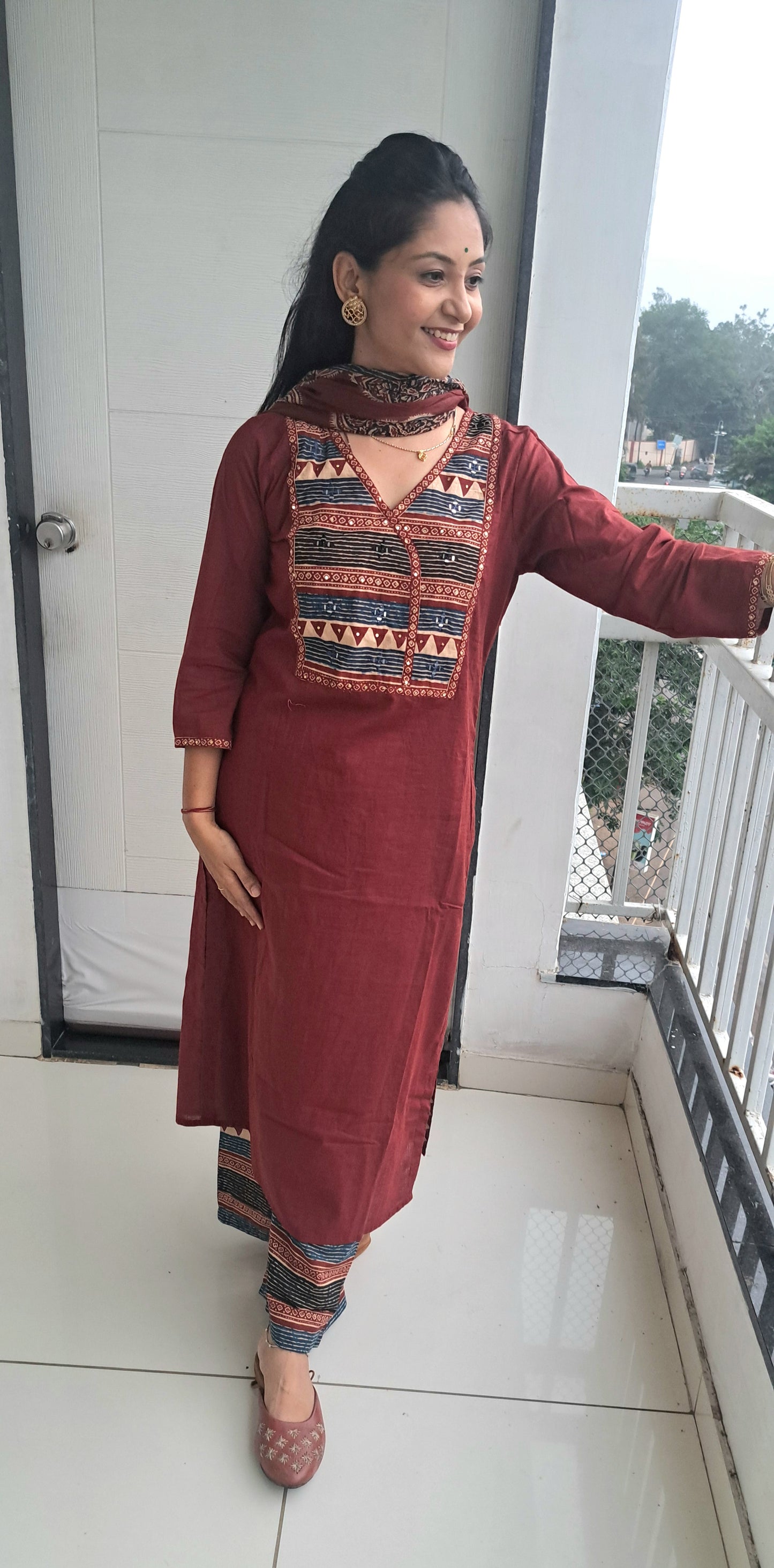 Coffee brown cotton suit set for woman
