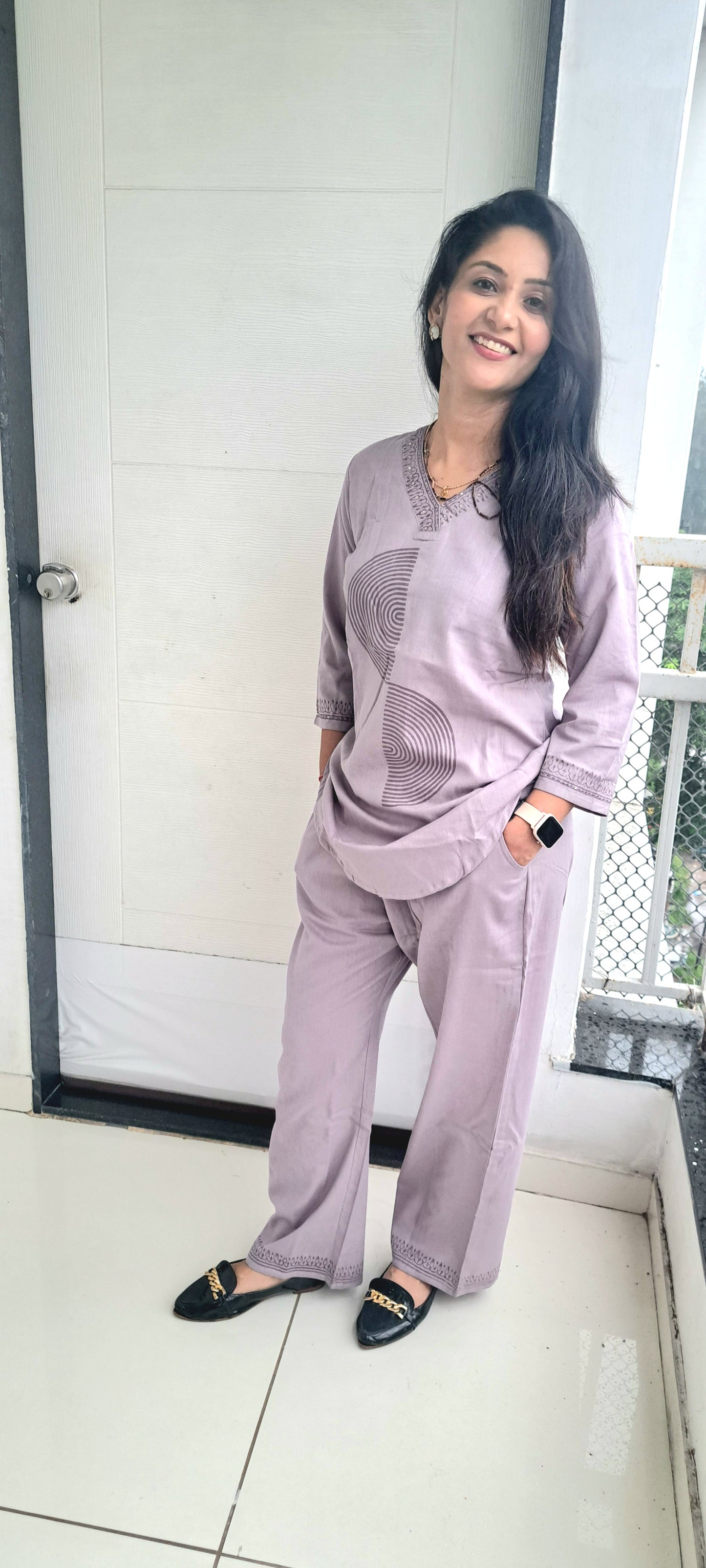 Light Purple cotton flax coords with block prints