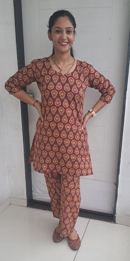 Red and mustard floral Kantha cotton coords