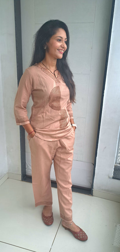 Beige cotton flax coords with block prints