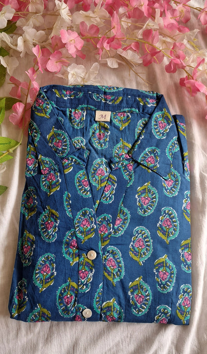 Azure Allure: Blue Paisley Printed Cotton Dress