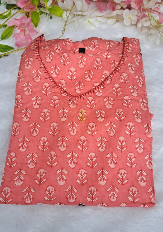 Peach Floral Cotton kurta pant