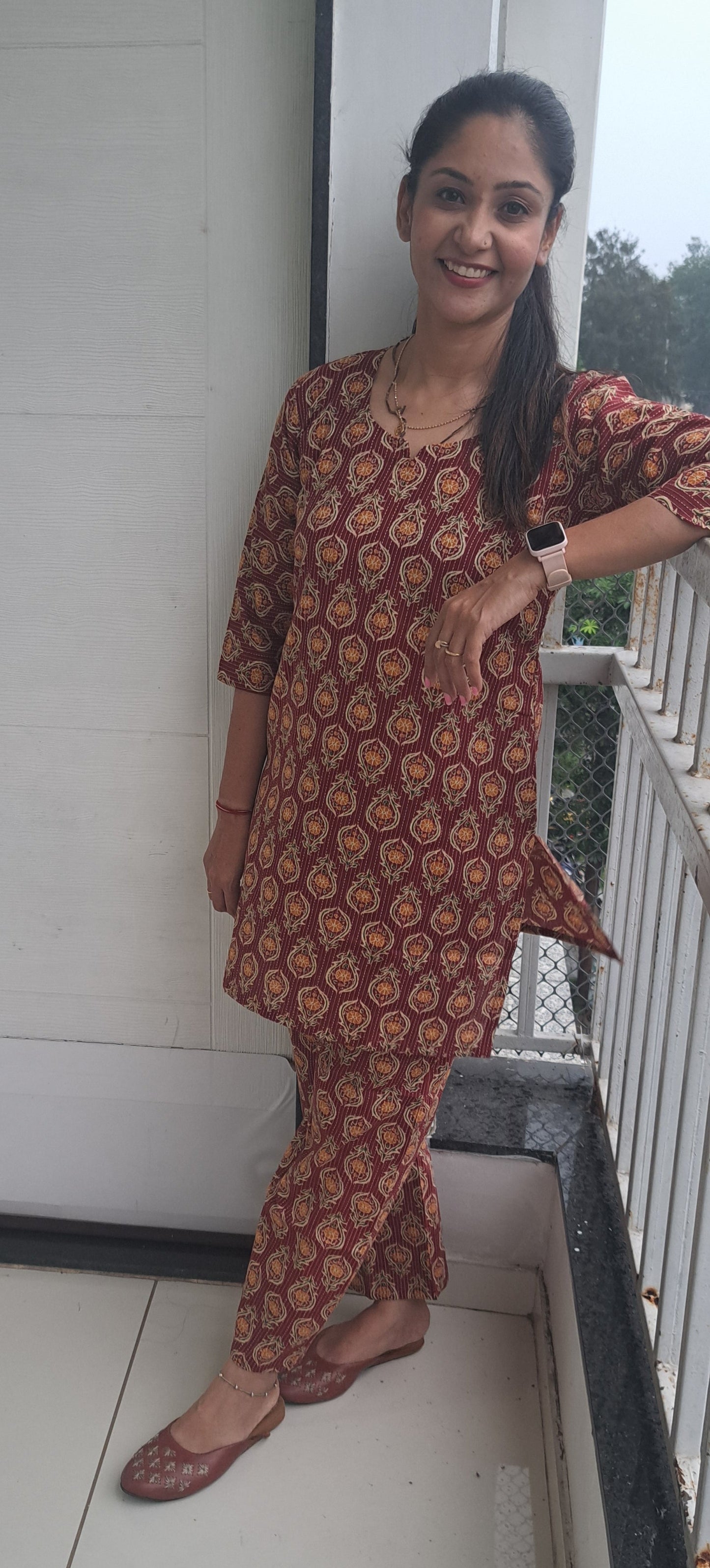 Red and mustard floral Kantha cotton coords