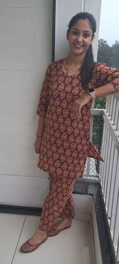 Red and mustard floral Kantha cotton coords
