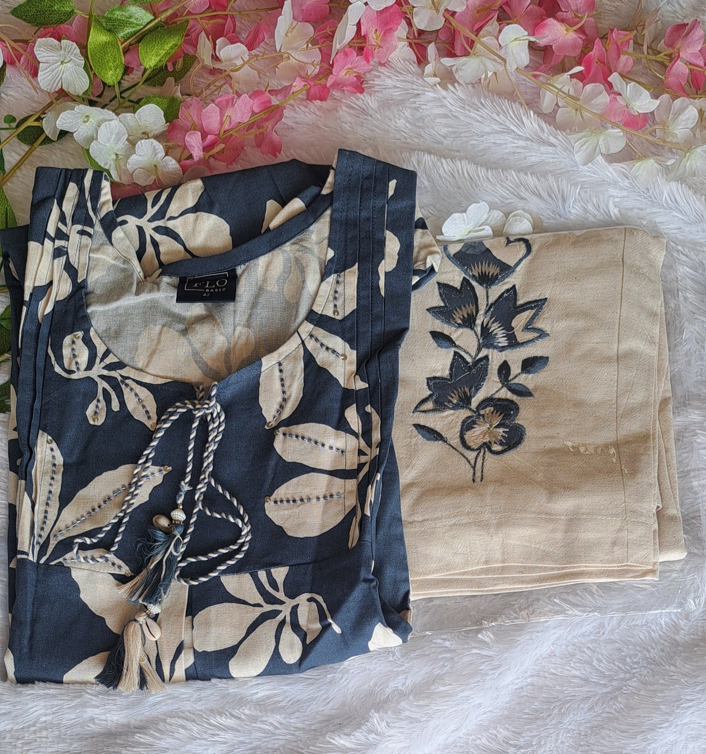 Blue coords with thread work and patch work on pant